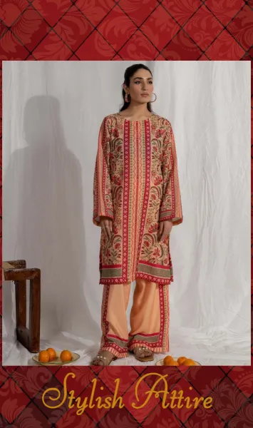 Adan's Libas Satin Lawn Stitched Co-Ords _ Peach & Maroon 